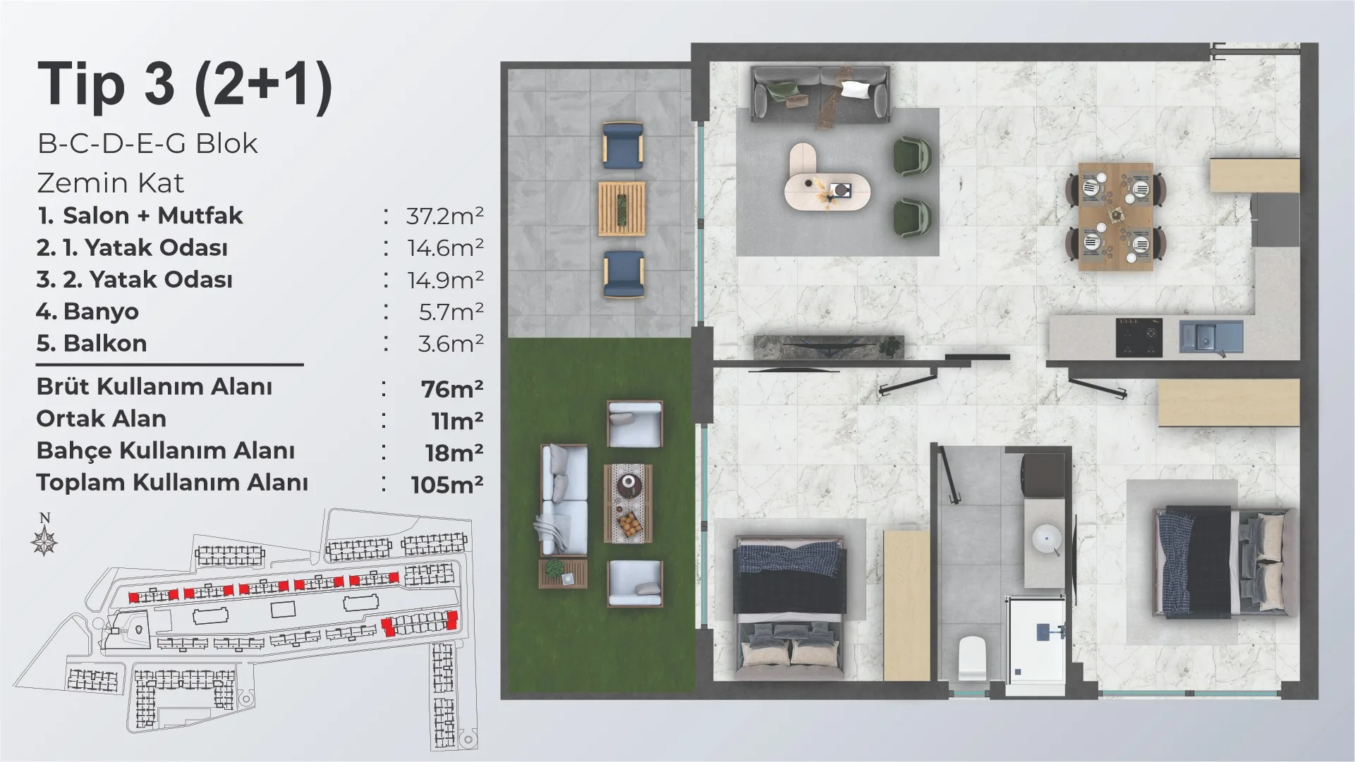 Dolce Vita Resort 2+1 Tip 3 Zemin Kat kat planı