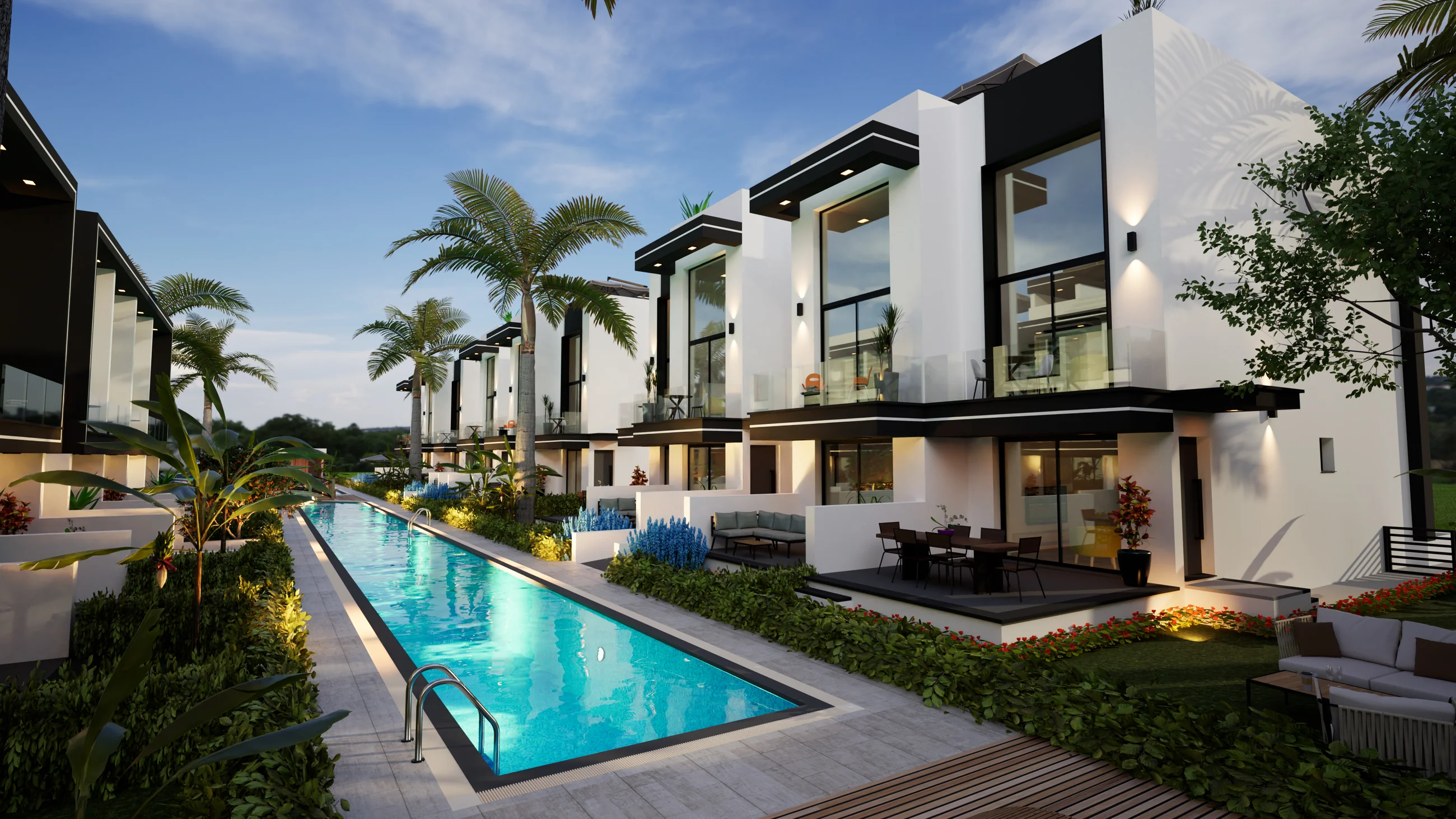 Capensis Homes uzun ortak yüzme havuzu ve konutlar
